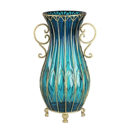50cm Blue Glass Oval Floor Vase with Metal Flower Stand
