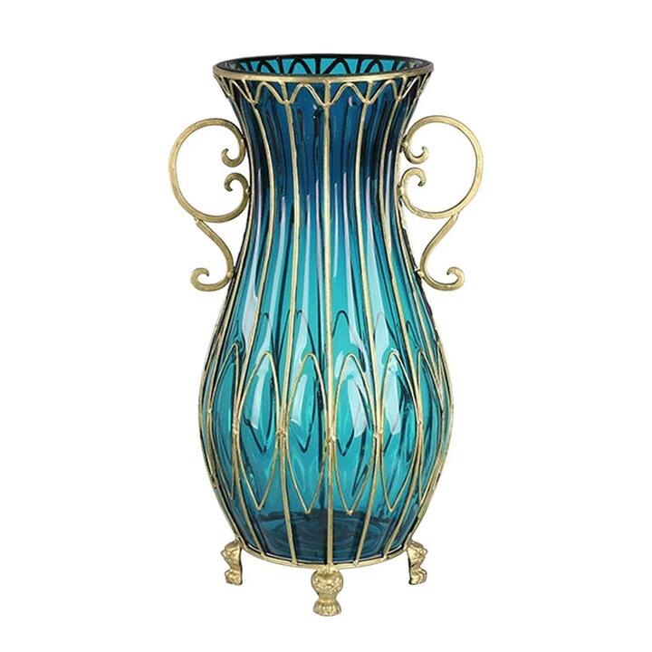 50cm Blue Glass Oval Floor Vase with Metal Flower Stand