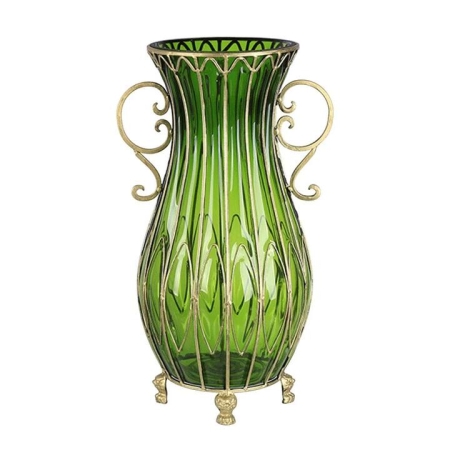 50cm Green Glass Oval Floor Vase with Metal Flower Stand