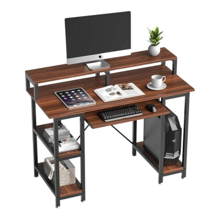 Design Square 2-Tier Writing Study Computer Home Office Desk 120cm W/ Storage - Brown