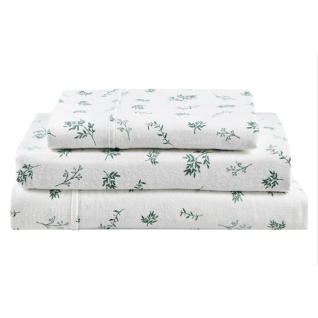 150GSM Leaves Print Flannelette Bed Sheet Set - Green