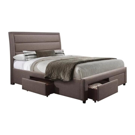 4 Pieces Storage Bedroom Suite Upholstery Fabric in Light Grey with Base Drawers King Size Oak Colour Bed