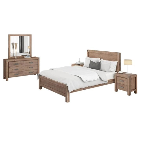 4 Pieces Bedroom Suite in Solid Wood Veneered Acacia Construction Timber Slat King Size Oak Colour Bed