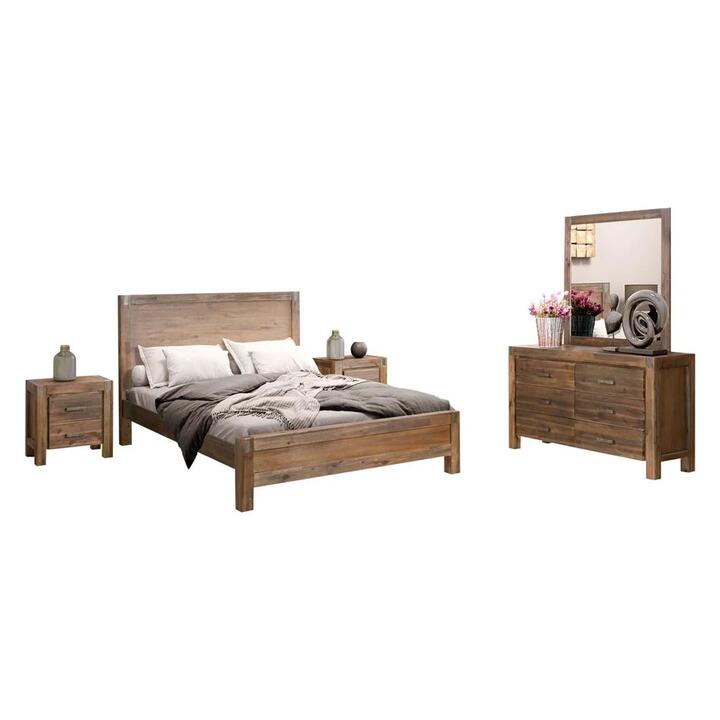 4 Pieces Bedroom Suite in Solid Wood Veneered Acacia Construction Timber Slat Queen Size Chocolate Colour Bed