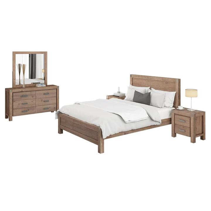 4 Pieces Bedroom Suite in Solid Wood Veneered Acacia Construction Timber Slat Queen Size Oak Colour Bed
