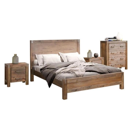 4 Pieces Bedroom Suite in Solid Wood Veneered Acacia Construction Timber Slat Double Size Chocolate Colour Bed