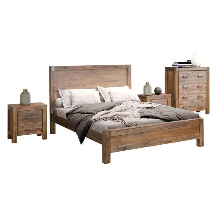 4 Pieces Bedroom Suite in Solid Wood Veneered Acacia Construction Timber Slat Double Size Chocolate Colour Bed