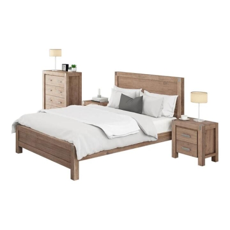 4 Pieces Bedroom Suite in Solid Wood Veneered Acacia Construction Timber Slat King Size Oak Colour Bed