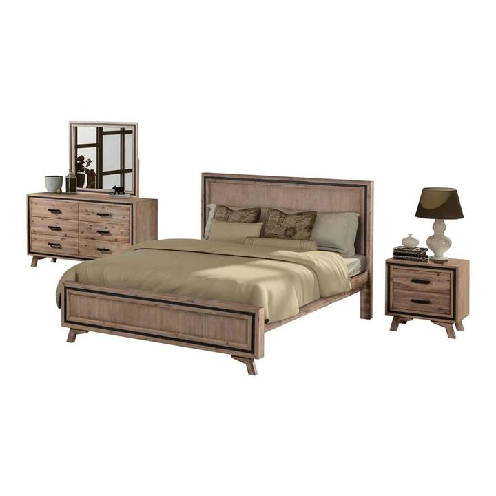 4 Pieces Bedroom Suite King Size Silver Brush in Acacia Wood Construction Bed