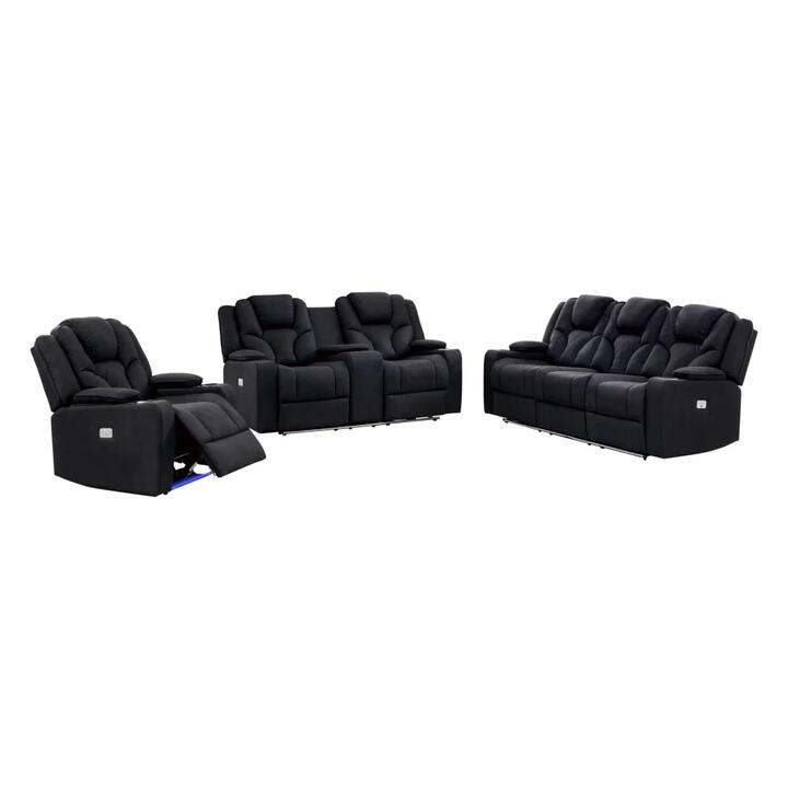 3+2+1 Seater Electric Recliner Stylish Rhino Fabric Black Lounge Armchair with LED Features