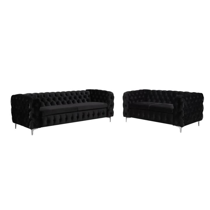 3+2 Seater Sofa Classic Button Tufted Lounge in Black Velvet Fabric with Metal Legs
