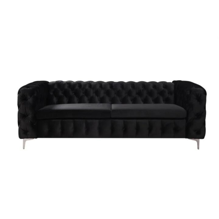 3 Seater Sofa Classic Button Tufted Lounge in Black Velvet Fabric with Metal Legs