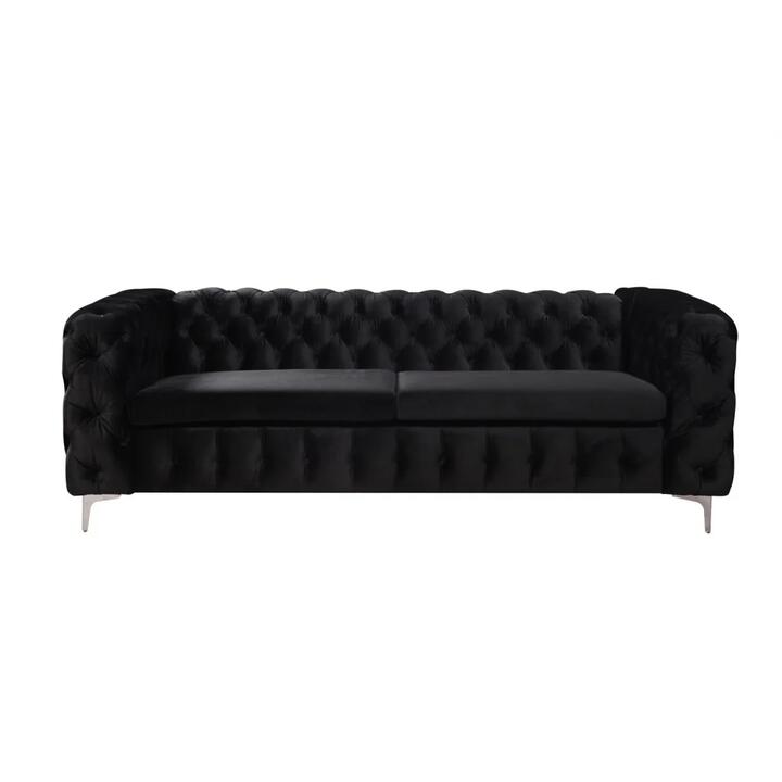 3 Seater Sofa Classic Button Tufted Lounge in Black Velvet Fabric with Metal Legs