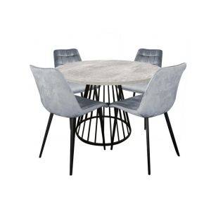 HomeStar 5Pc Dining Set Matilda Round Dining Table 110cm Faux Cement Look & 4 Lainey Fabric Velvet Dining Chair Grey