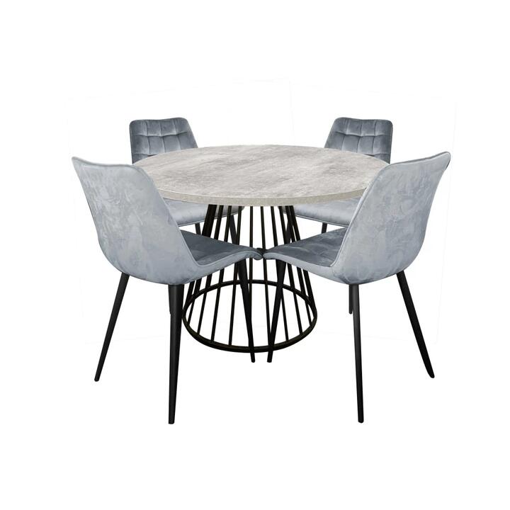 HomeStar 5Pc Dining Set Matilda Round Dining Table 110cm Faux Cement Look & 4 Lainey Fabric Velvet Dining Chair Grey