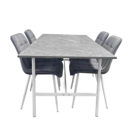 HomeStar 5Pc Dining Set Gemma Rectangular Marble Look Dining Table 160cm W/ 4Pc Loma Velvet Dining Chair Grey