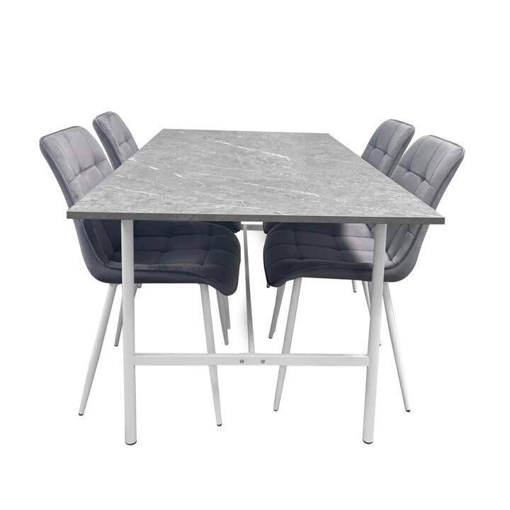 HomeStar 5Pc Dining Set Gemma Rectangular Marble Look Dining Table 160cm W/ 4Pc Loma Velvet Dining Chair Grey