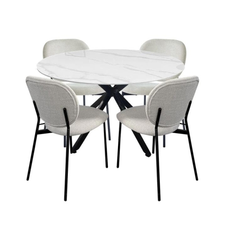 HomeStar 5Pc Dining Set Harper Round Marble Look Dining Table 120cm White W/ 4Pc Archie Fabric Dining Chair Coconut