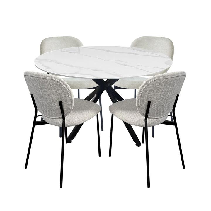 HomeStar 5Pc Dining Set Harper Round Marble Look Dining Table 120cm White W/ 4Pc Archie Fabric Dining Chair Coconut