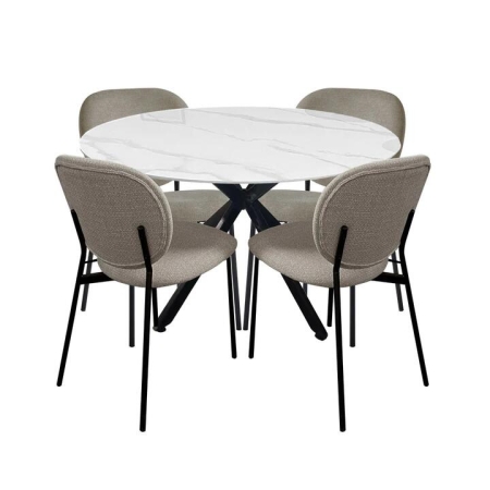 HomeStar 5Pc Dining Set Harper Round Marble Look Dining Table 120cm White W/ 4Pc Archie Fabric Dining Chair Latte