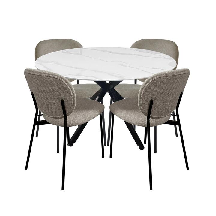 HomeStar 5Pc Dining Set Harper Round Marble Look Dining Table 120cm White W/ 4Pc Archie Fabric Dining Chair Latte