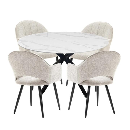 HomeStar 5Pc Dining Set Harper Round Marble Look Dining Table 120cm White W/ 4Pc Luka Fabric Dining Chair Coconut