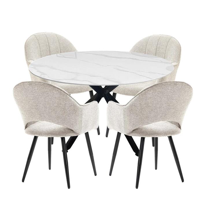 HomeStar 5Pc Dining Set Harper Round Marble Look Dining Table 120cm White W/ 4Pc Luka Fabric Dining Chair Coconut