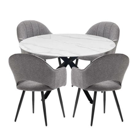 HomeStar 5Pc Dining Set Harper Round Marble Look Dining Table 120cm White W/ 4Pc Luka Fabric Dining Chair Grey