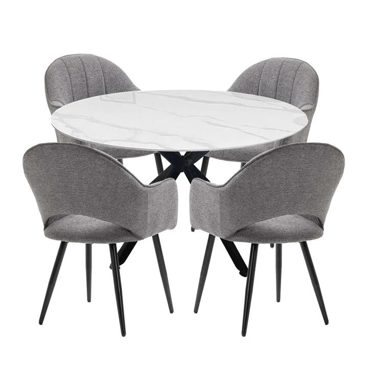 HomeStar 5Pc Dining Set Harper Round Marble Look Dining Table 120cm White W/ 4Pc Luka Fabric Dining Chair Grey