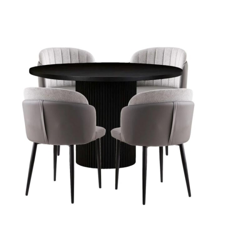 HomeStar 5Pc Dining Set Harper Round Marble Look Dining Table 120cm White W/ 4Pc Royale Fabric Dining Chair Grey