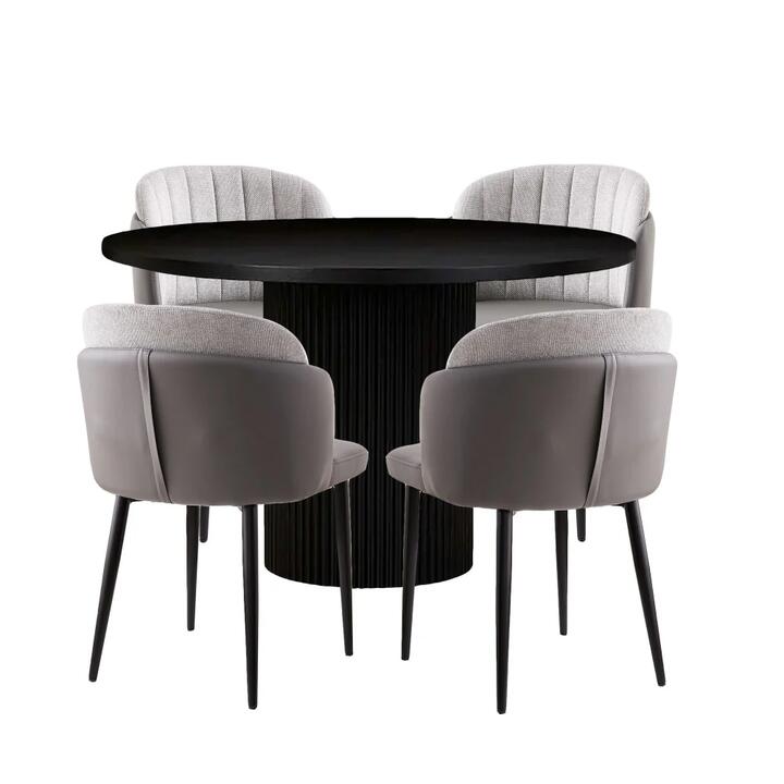 HomeStar 5Pc Dining Set Harper Round Marble Look Dining Table 120cm White W/ 4Pc Royale Fabric Dining Chair Grey