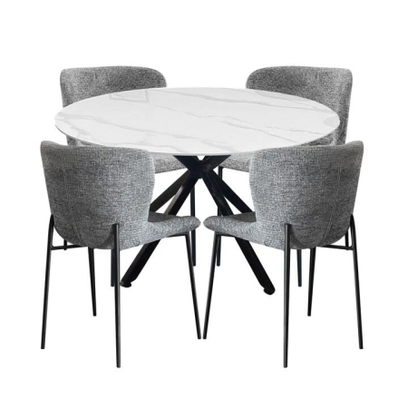 HomeStar 5Pc Dining Set Harper Round Marble Look Dining Table 120cm White W/ 4Pc Sonata Fabric Dining Chair Grey