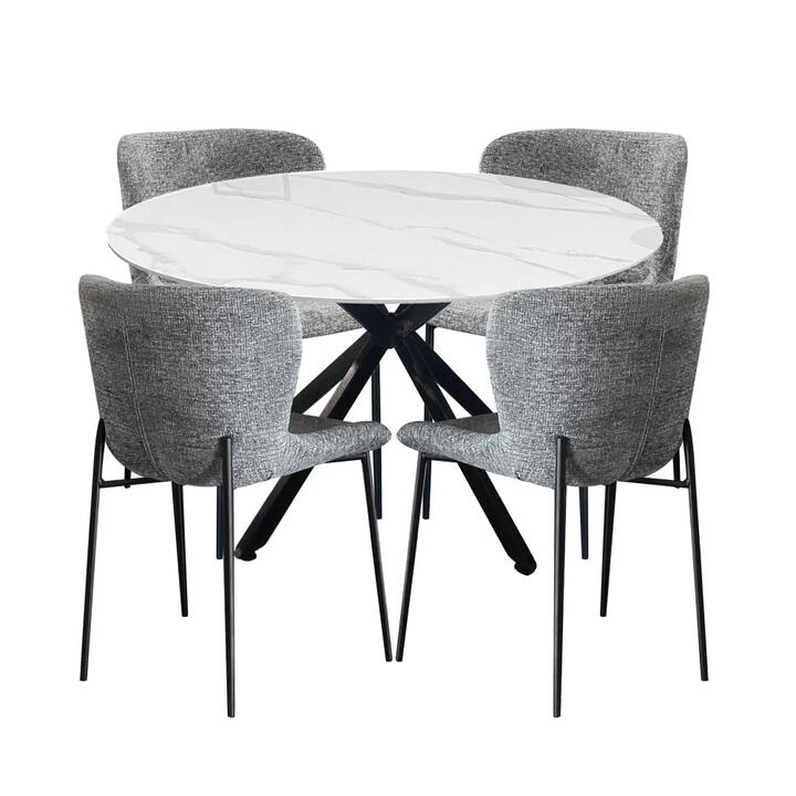HomeStar 5Pc Dining Set Harper Round Marble Look Dining Table 120cm White W/ 4Pc Sonata Fabric Dining Chair Grey