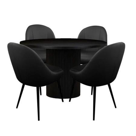 HomeStar 5Pc Dining Set Harper Round Marble Look Dining Table 120cm White W/ 4Pc Soon PU Leather Dining Chair Black