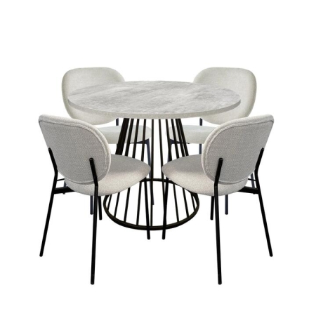 HomeStar 5Pc Dining Set Matilda Round Dining Table 110cm Faux Cement W/ 4Pc Archie Fabric Dining Chair Coconut