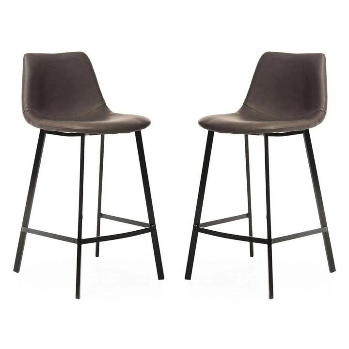 Raimon Furniture Set of 2 Gordon Faux Leather Bar Stool 66cm - Black Metal Legs - Antique Grey