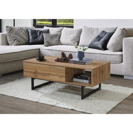 Logen Open Shelf Rectangular Tea Coffee Table 1-Drawer Wotan Oak/Black