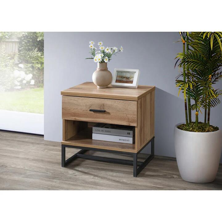 Logen Open Shelf Nightstand Bedside Table 1-Drawer Wotan Oak/Black