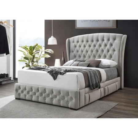 Calista Luxury Fabric Queen Size Bed Frame Button Tufted 4-Drawers Storage Champagne