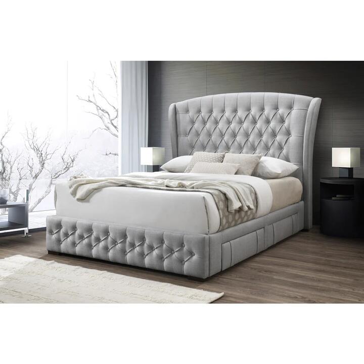 Calista Luxury Fabric Queen Size Bed Frame Button Tufted 4-Drawers Storage Fog