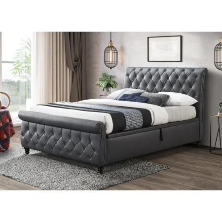 Ozias Luxury PU Leather Button Tufted Gast Lift Bed Frame Queen Size Dark Grey