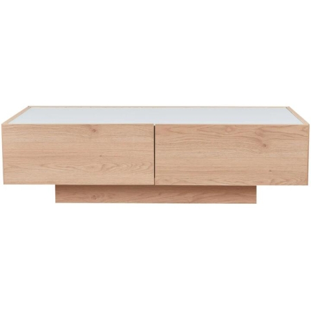 Design Square Tempered Glass Top 2-Drawers Tea Coffee Table Natural Oak