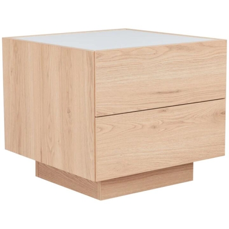 Design Square Tempered Glass Top 2-Drawers Nightstand Bedside Table Natural Oak