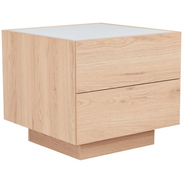 Design Square Tempered Glass Top 2-Drawers Nightstand Bedside Table Natural Oak
