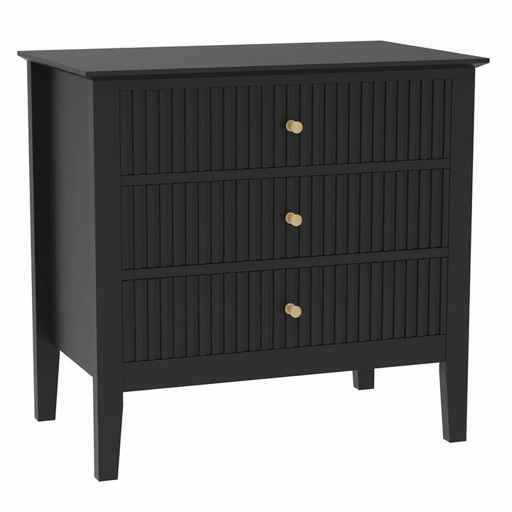 Issey Modern Fluted Wide 3-Drawers Nightstand Bedside Table Black