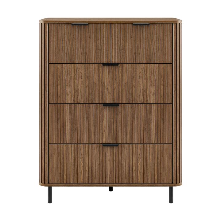 Design Square Galene Tallboy Chest Of 5-Drawers Storage Cabinet Slat Walnut