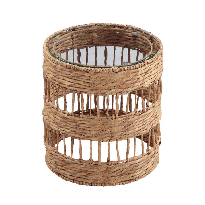 Design Square Ozzy Woven Round Tempered Glass Top Side End Lamp Table Natural
