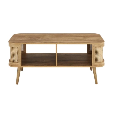 Design Square Mean Rectangular Open Shelves Tea Coffee Table Oak/Rattan