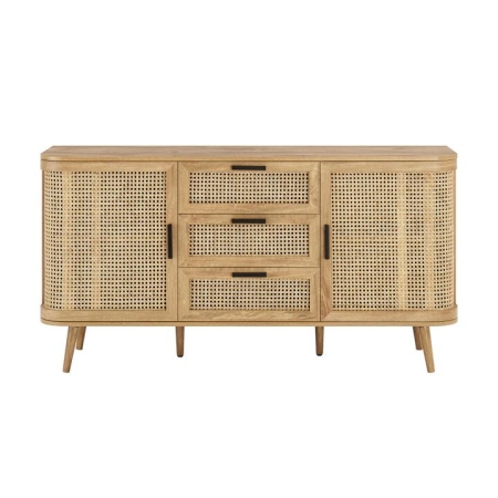 Design Square Mean Sideboard Buffet Unit Storage Cabinet 2-Doors 3-Drawers Oak/Rattan