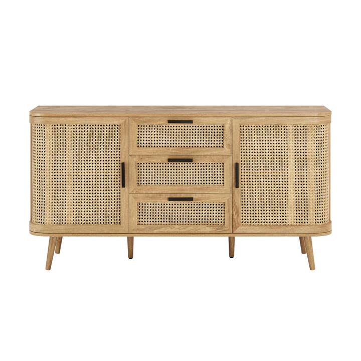 Design Square Mean Sideboard Buffet Unit Storage Cabinet 2-Doors 3-Drawers Oak/Rattan